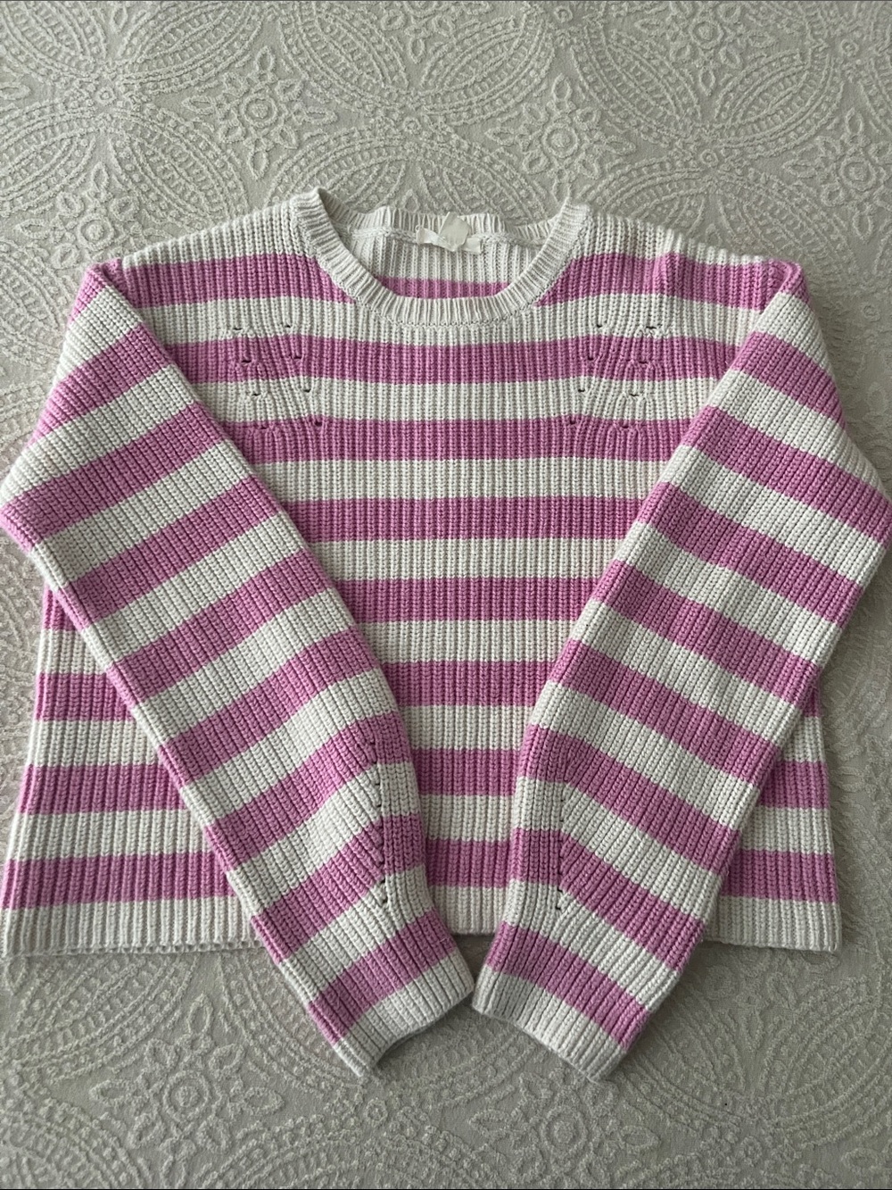 Like New J.Crew Girls’ Striped Crewneck Sweater – Pink & White, Size Large 10/11